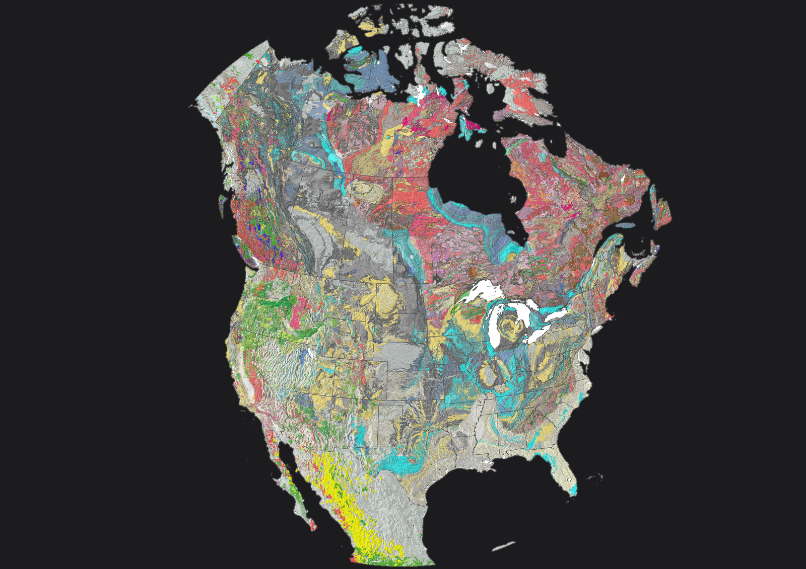 Compiled bedrock geology over a mining district, formation colours reading as a composition.